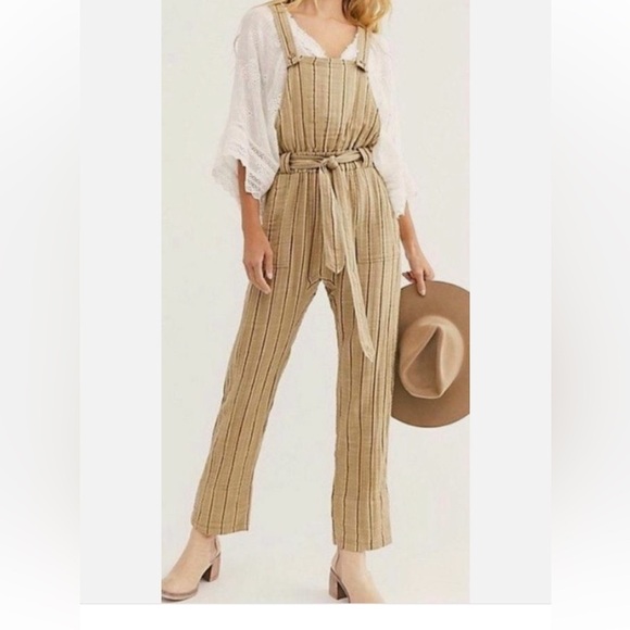 FREE PEOPLE SzL ONE BALLAST STRIPED BELTED OVERALL JUMPSUIT MOSS - Picture 1 of 13